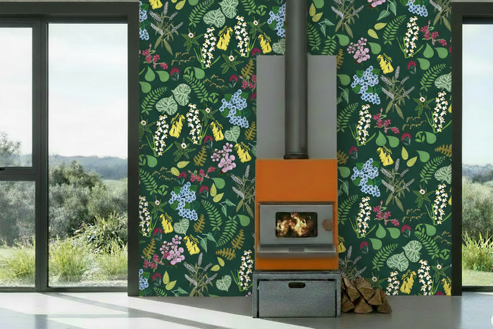 Fireplace with Abel Tasman Forest Green mural