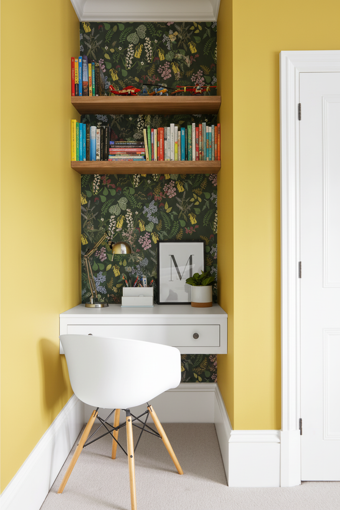 Study nook with books filling shelves and no framed pictures