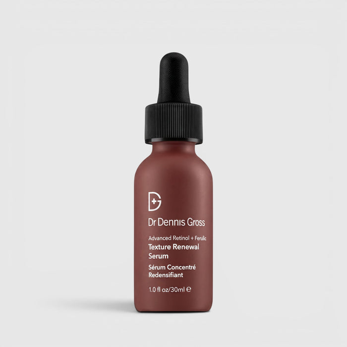 Shop Rescue Spa Dr Dennis Gross Advanced Retinol + Ferulic Texture Renewal Serum in a matte brown dropper bottle.