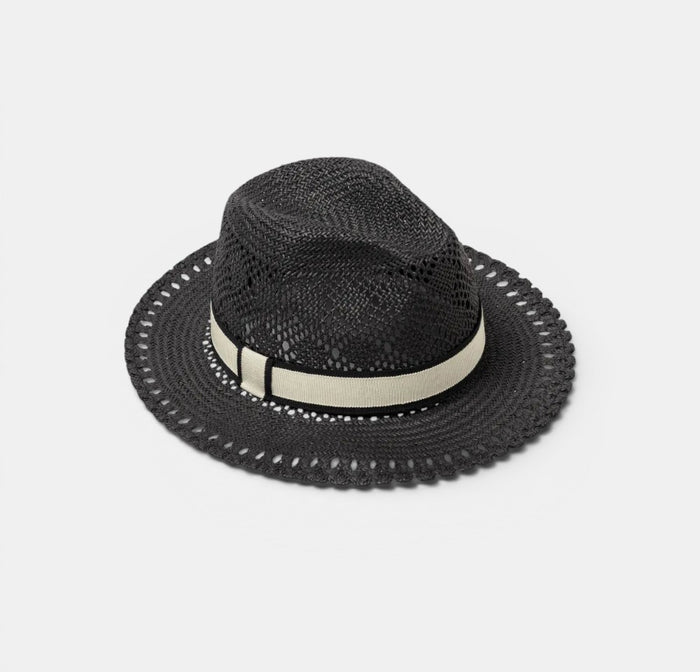 Angled front view of Eres Alejandro Access Hat in Noir on a clean background, showing hat shape, brim, and crown structure.