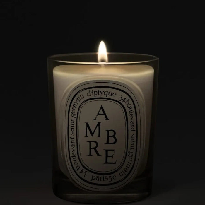 Shop Rescue Spa Diptyque Ambre scented candle in a glass vessel with a glowing flame against a dark background