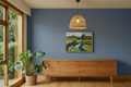 Room with Marine Blue grasscloth with brown and natural woven fibres