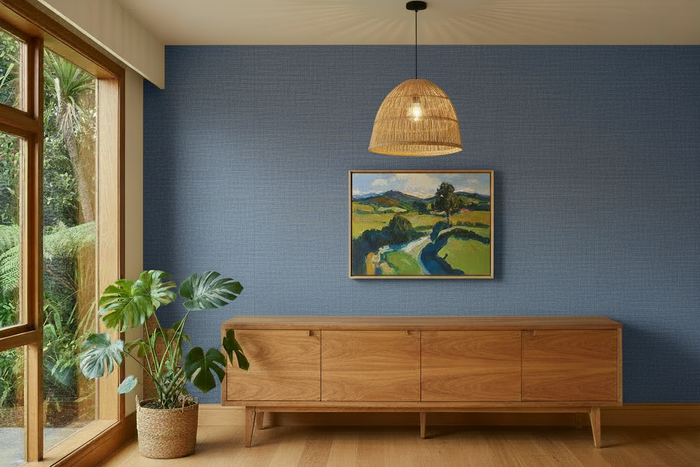 Room with Marine Blue grasscloth with brown and natural woven fibres