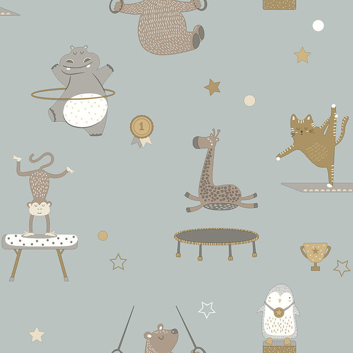 Animal Gymnastics Wallpaper - Blue - LAST 5 ROLLS