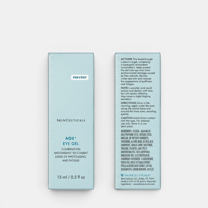 Shop Rescue Spa SkinCeuticals AOX+ Eye Gel packaging showing product benefits and ingredients on a light blue box.