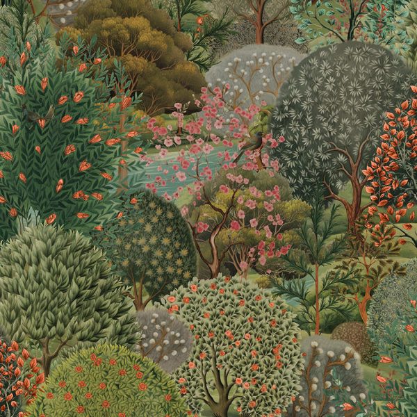 Green arboretum garden wallpaper with a scenic garden of topiary, blossom trees and ponds — flat pattern detail