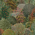 Green arboretum garden wallpaper with a scenic garden of topiary, blossom trees and ponds — flat pattern detail