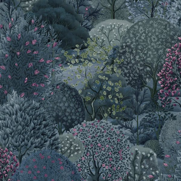 Navy/Berry arboretum garden wallpaper with a scenic garden of topiary, blossom trees and ponds — flat pattern detail