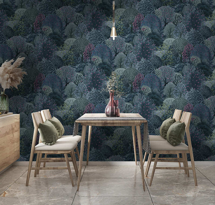 Arboretum Garden wallpaper in navy/berry on a feature wall