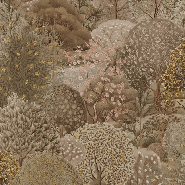 Neutral arboretum garden wallpaper with a scenic garden of topiary, blossom trees and ponds — flat pattern detail