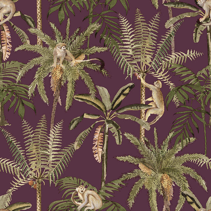 Berry ateles spider monkey wallpaper with palms, ferns and playful spider monkeys — flat pattern detail