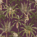 Berry ateles spider monkey wallpaper with palms, ferns and playful spider monkeys — flat pattern detail
