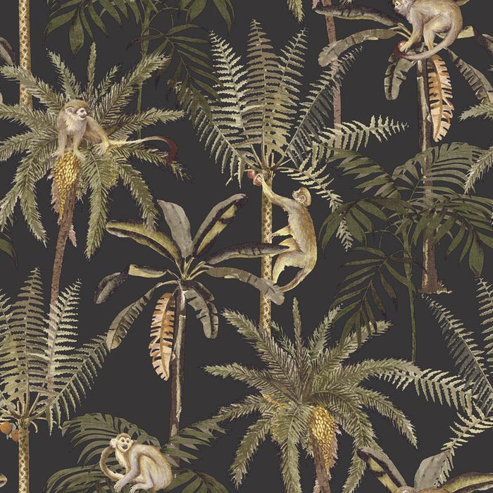 Black ateles spider monkey wallpaper with palms, ferns and playful spider monkeys — flat pattern detail