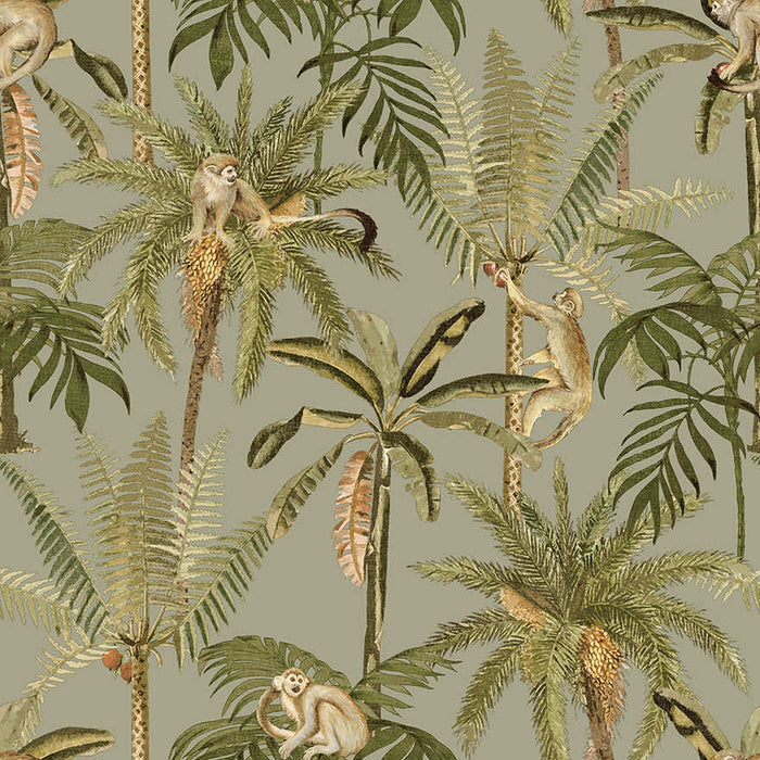 Sage ateles spider monkey wallpaper with palms, ferns and playful spider monkeys — flat pattern detail