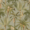 Sage ateles spider monkey wallpaper with palms, ferns and playful spider monkeys — flat pattern detail