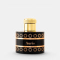 A luxury cylindrical perfume bottle with a glossy black body, featuring a gold cap, gold geometric patterns, and a central black band with the name 'Auris' in gold lettering.