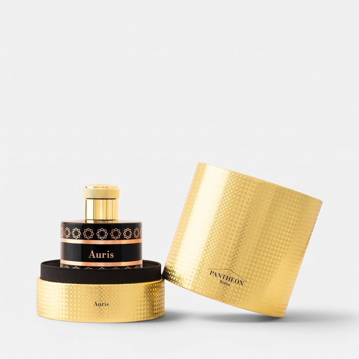 Shop Rescue Spa Pantheon Roma Auris perfume bottle in black and gold with its textured gold cylindrical gift box