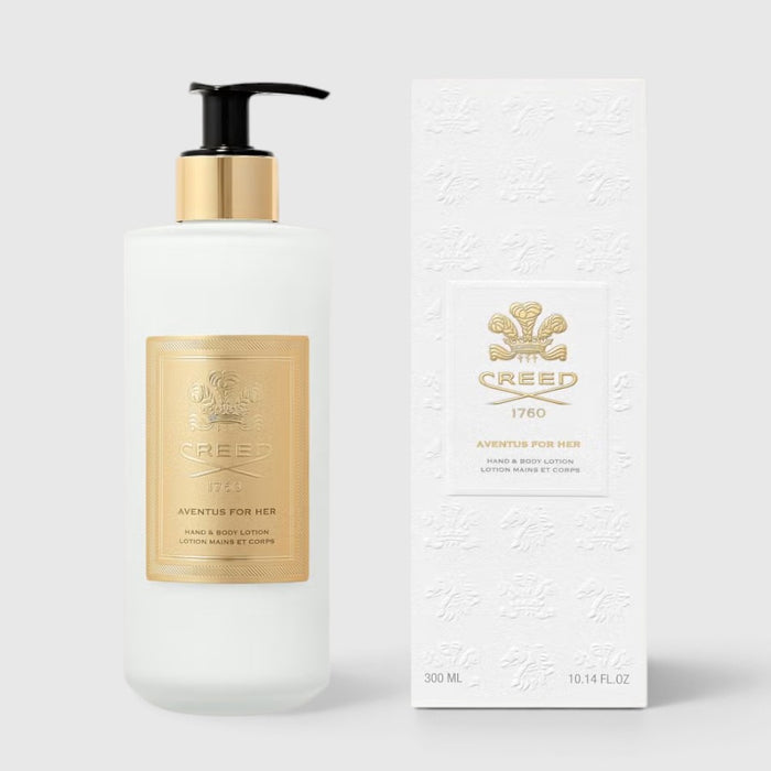 Shop Rescue Spa Aventus For Her Hand & Body Lotion in a frosted bottle with gold label next to its white box.