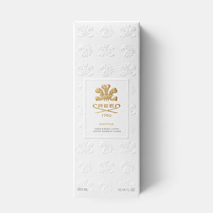 Shop Rescue Spa Aventus Hand & Body Lotion in a white embossed box with gold Creed logo branding.