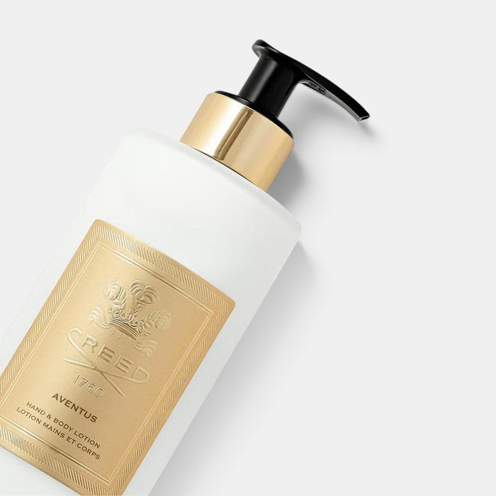 Shop Rescue Spa The House of Creed Aventus Hand & Body Lotion in a frosted bottle with a gold label and pump dispenser.