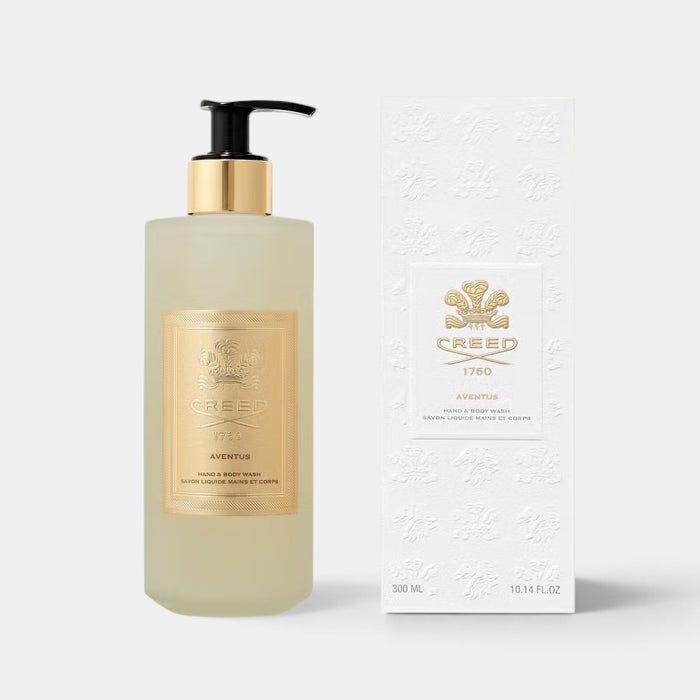 Shop Rescue Spa Creed Aventus Hand & Body Wash in a frosted glass bottle with gold label and matching white box.