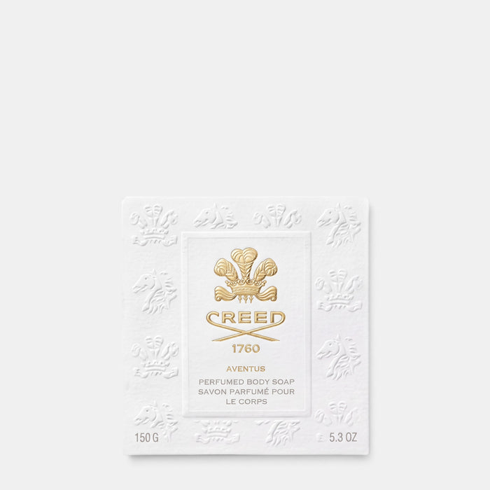 Shop Rescue Spa Creed Aventus perfumed body soap in a white embossed box with gold logo detailing.