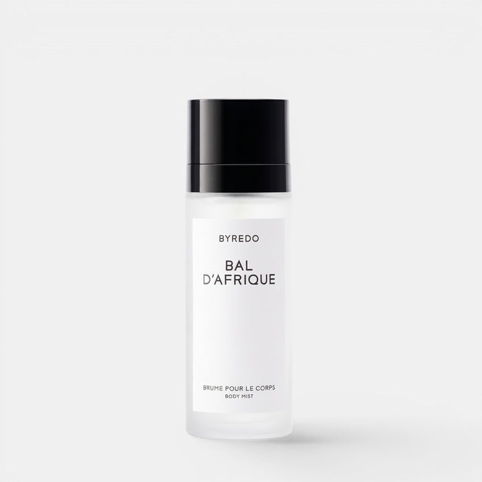 Shop Rescue Spa Byredo Bal d'Afrique hydrating body mist in a frosted glass bottle with a black cap.