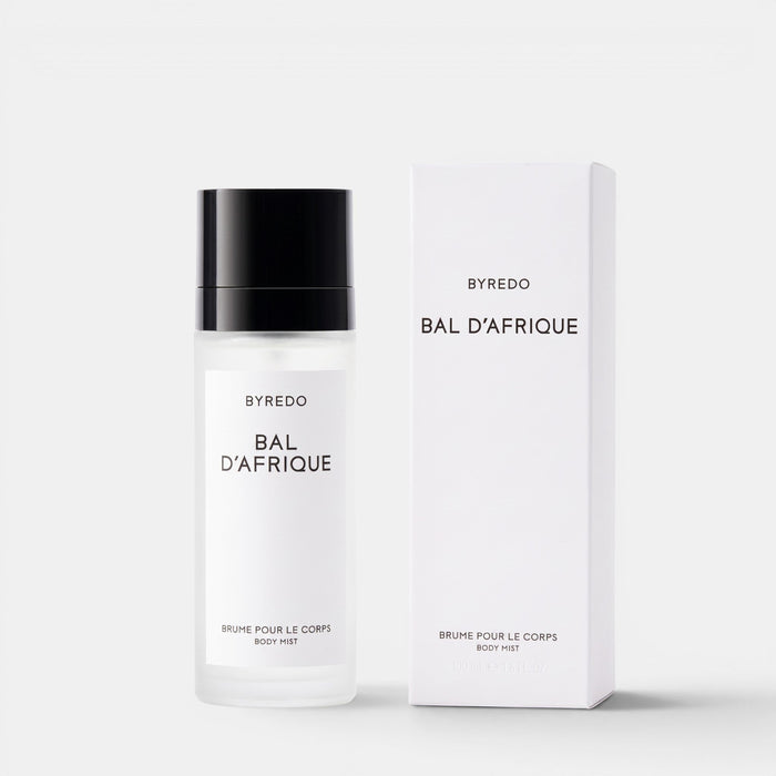 Shop Rescue Spa Byredo Bal d'Afrique body mist bottle and white packaging box on a clean white background