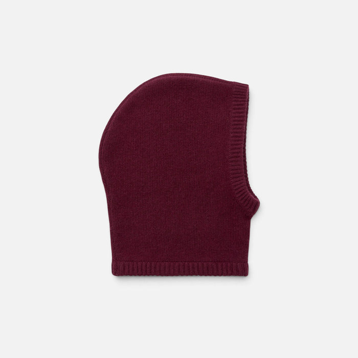 Shop Rescue Spa chunky knit balaclava in deep burgundy 100% cashmere with a ribbed trim