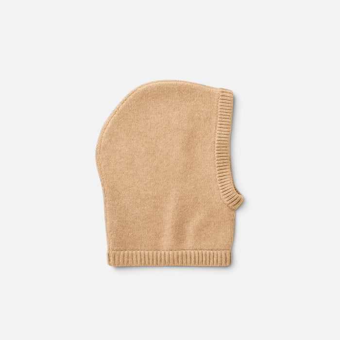 Shop Rescue Spa chunky knit balaclava in beige 100% cashmere with ribbed trim detail