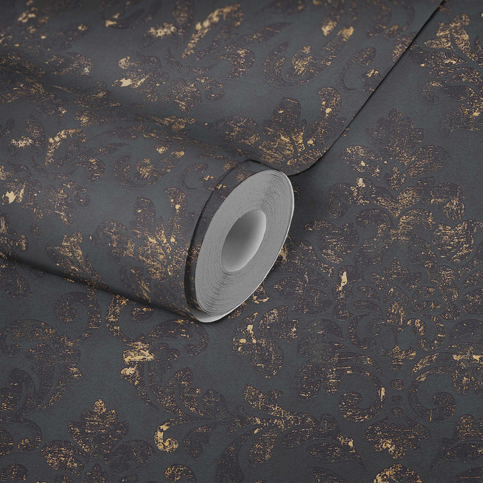 Baroque Damask Wallpaper - Black + Gold