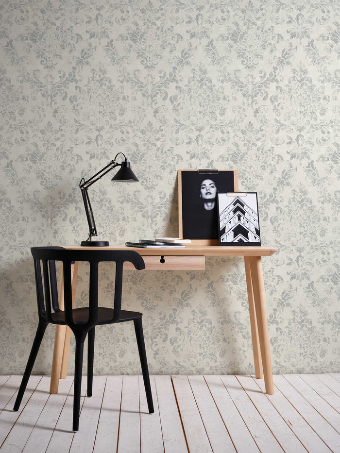 Baroque Damask Wallpaper - Grey + White