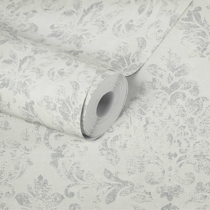 Baroque Damask Wallpaper - Grey + White