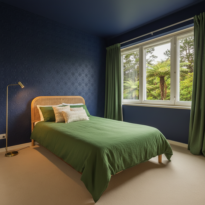 Bedroom with Berkeley Anaglypta Wallpaper - Dark Blue