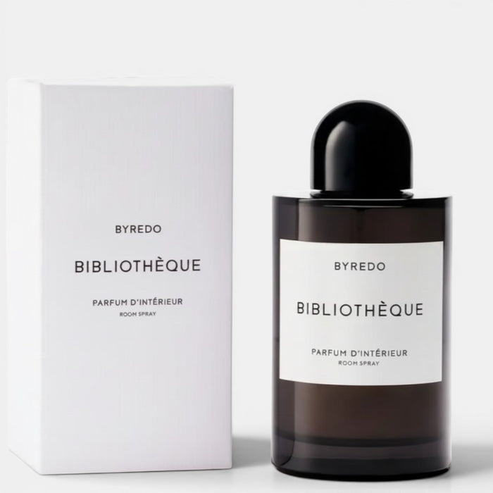 Shop Rescue Spa Byredo Bibliotheque Room Spray in dark glass bottle with black cap and white label. Includes box.