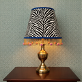 Zebra print lampshade with accurate Biderbost Weave teal wallpaper background