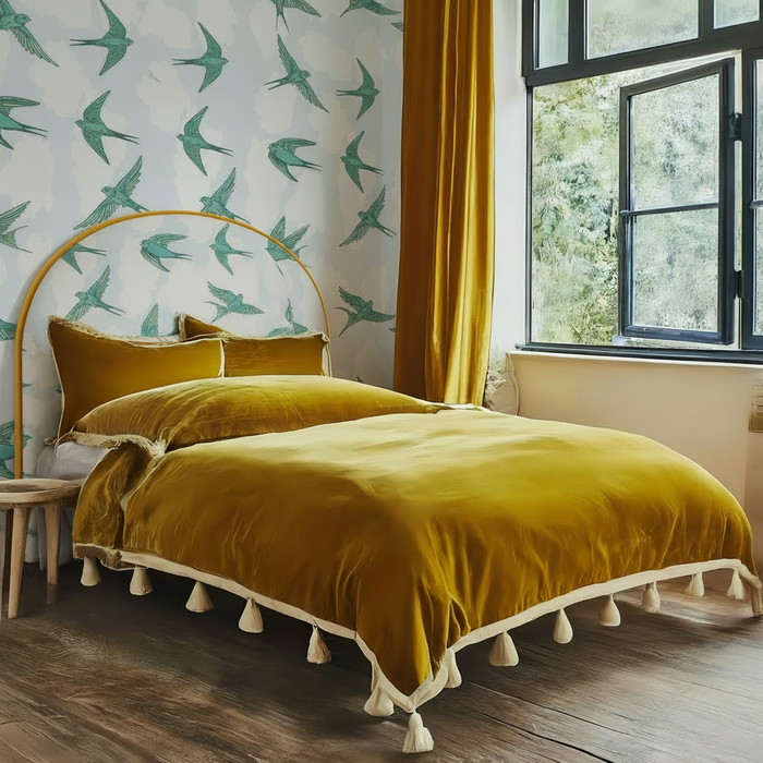 Bedroom with Birds Fly bedhead and mustard trim
