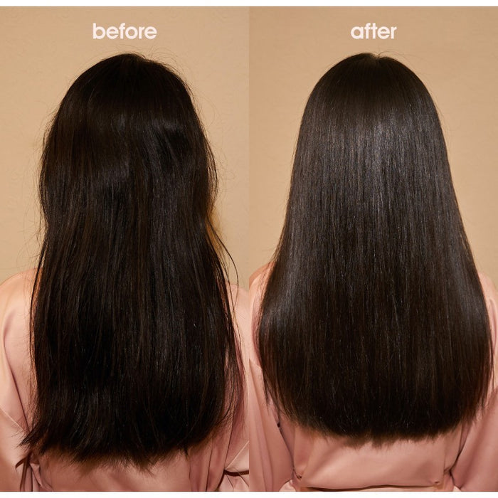 Shop Rescue Spa Black Baccara hair treatment before and after comparison showing smoother, shinier, frizz-free hair.