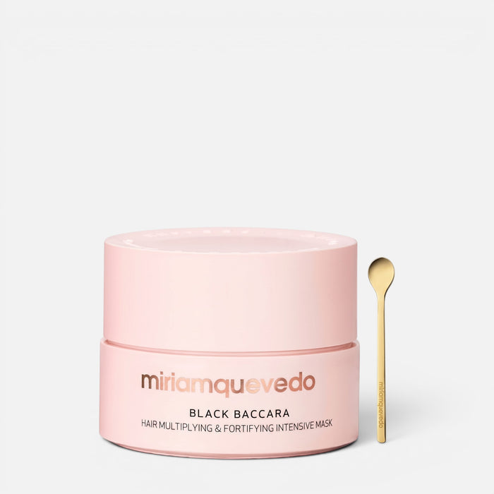 Shop Rescue Spa Black Baccara hair mask in a light pink jar with a gold applicator spoon on a white background.