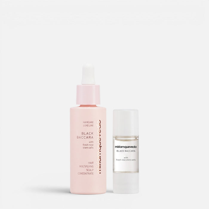 Shop Rescue Spa Black Baccara hair growth treatment set featuring a pink scalp concentrate bottle and exfoliator vial.
