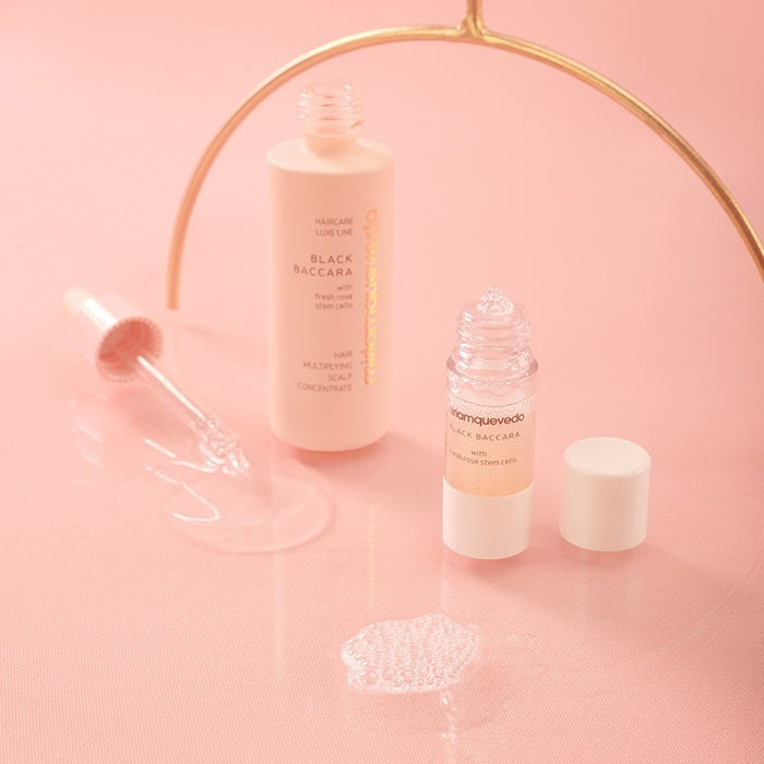 Shop Rescue Spa Black Baccara hair multiplying scalp concentrate and pre-treatment exfoliator set on pink background