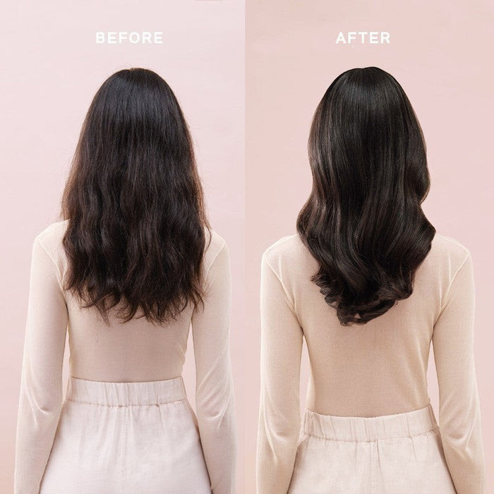 Shop Rescue Spa Black Baccara hair mist before and after results showing voluminous, defined waves on dark hair.