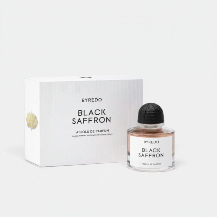Shop Rescue Spa BYREDO Black Saffron Absolu de Parfum 50ml bottle with box. Notes of saffron, leather, and woods.