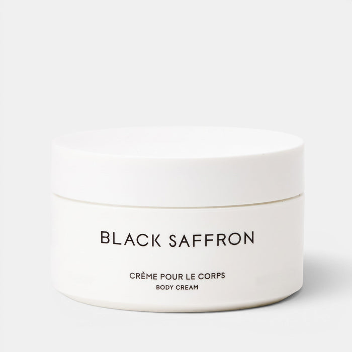 Shop Rescue Spa Black Saffron body cream in a white minimalist jar with black text against a white background.