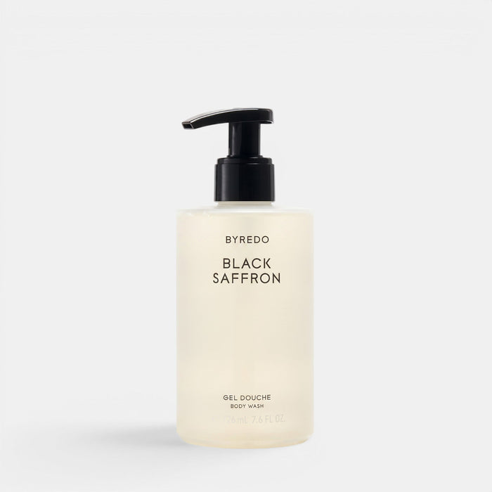 Byredo Black Saffron body wash in a clear pump bottle with black dispenser