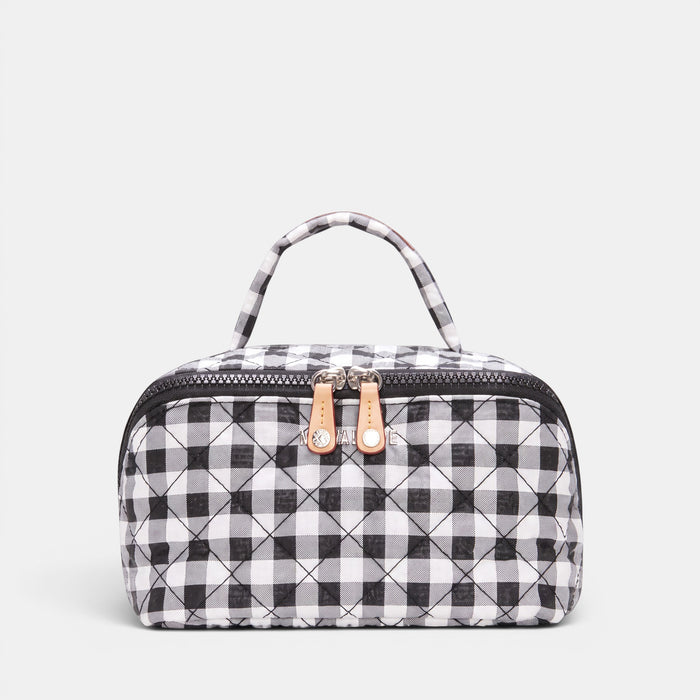 Shop Rescue Spa black and white gingham accordion cosmetic bag with top handle, leather trim, and silver hardware.