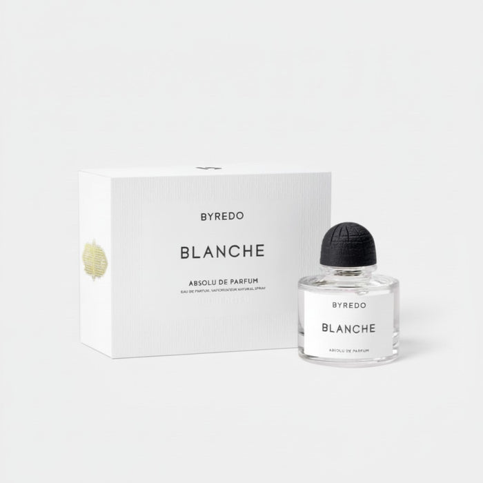 Shop Rescue Spa BYREDO Blanche Absolu Eau de Parfum 50ml bottle and box. White packaging with black text.