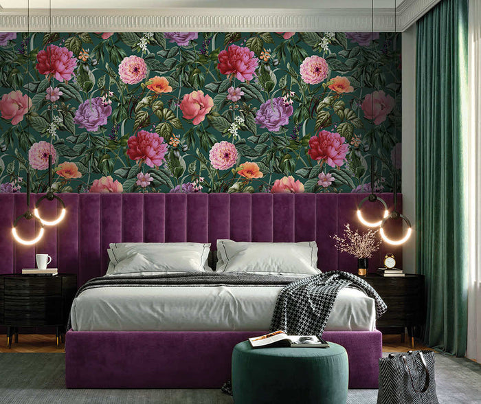 Botanicus Large Blossoms wallpaper in aqua on a feature wall