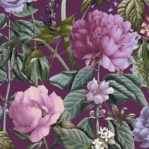Berry botanicus blossoms wallpaper with oversized peony and lisianthus blooms — flat pattern detail