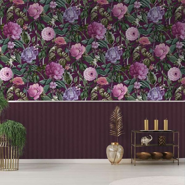Botanicus Large Blossoms wallpaper in berry on a feature wall